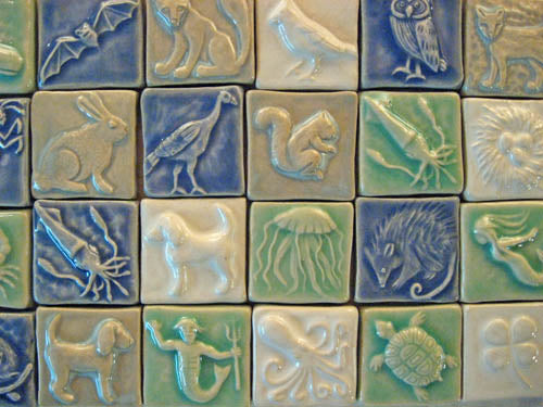Various ceramic handmade tiles in different glazes