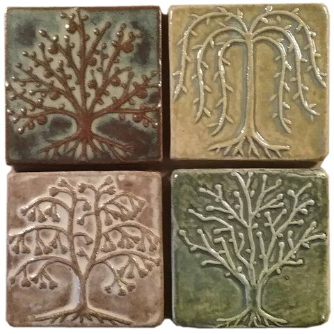 set of four handmade tree tiles