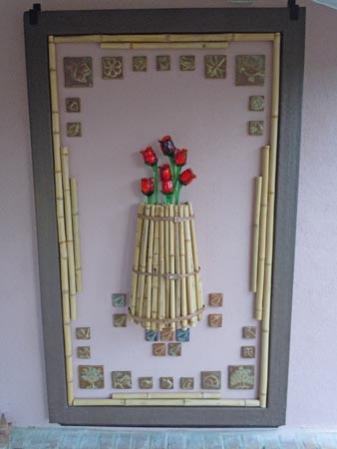 glass roses and ceramic hand-made art tile with bamboo frame