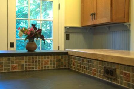 Kitchen back-splash of installed handmade tiles