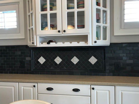 black and white kitchen back splash with handmade tiles