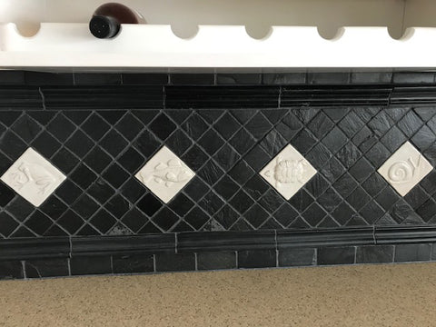 black and white back splash with handmade tiles and slate