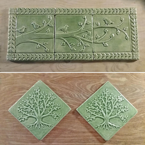 handmade tiles in light green glaze featuring birds on a branch and the tree of life