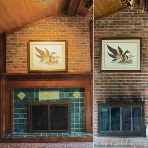 before and after pictures of a fireplace remodel that included a handcrafted wooden mantle and green handmade tiles