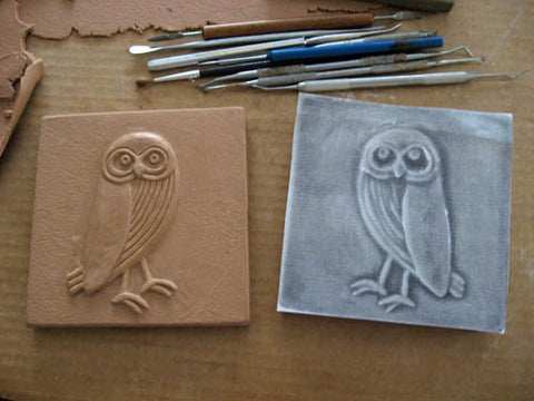 handmade owl tile in progress photo