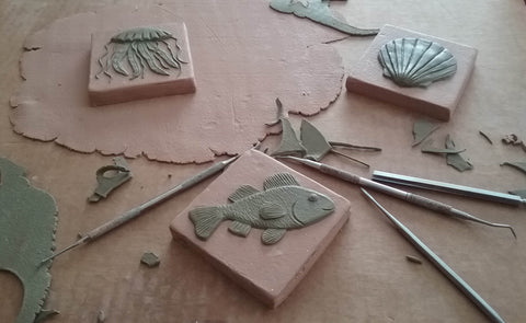 sculpting sea life handmade tiles