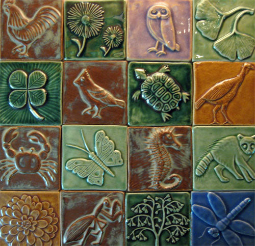 Different glazes on handmade nature tiles