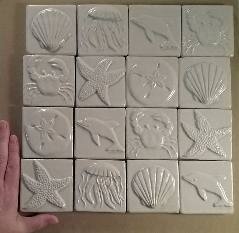 handmade sea creature tiles, three inch size, white glaze