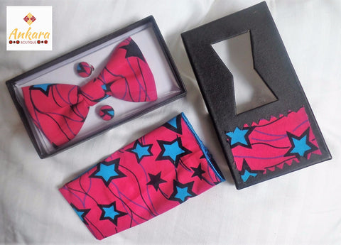 Fuschia Bow Tie, Cuff Links & Pocket Square Set - Ankara Boutique