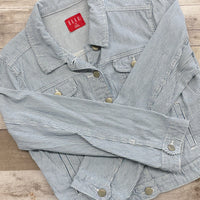Repurposed Cropped Striped Denim Jacket with American Flag Patch