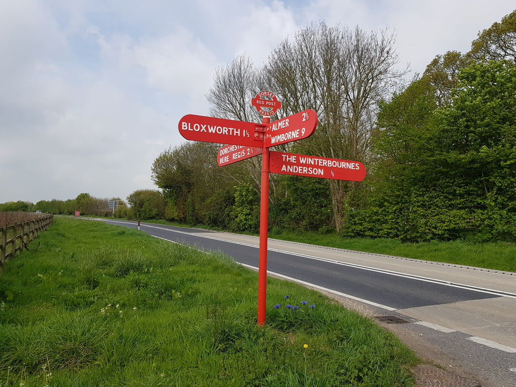 The Red Post at Botany Bay Farm where the route crosses the busy A31, Nr Bloxworth, Dorset.