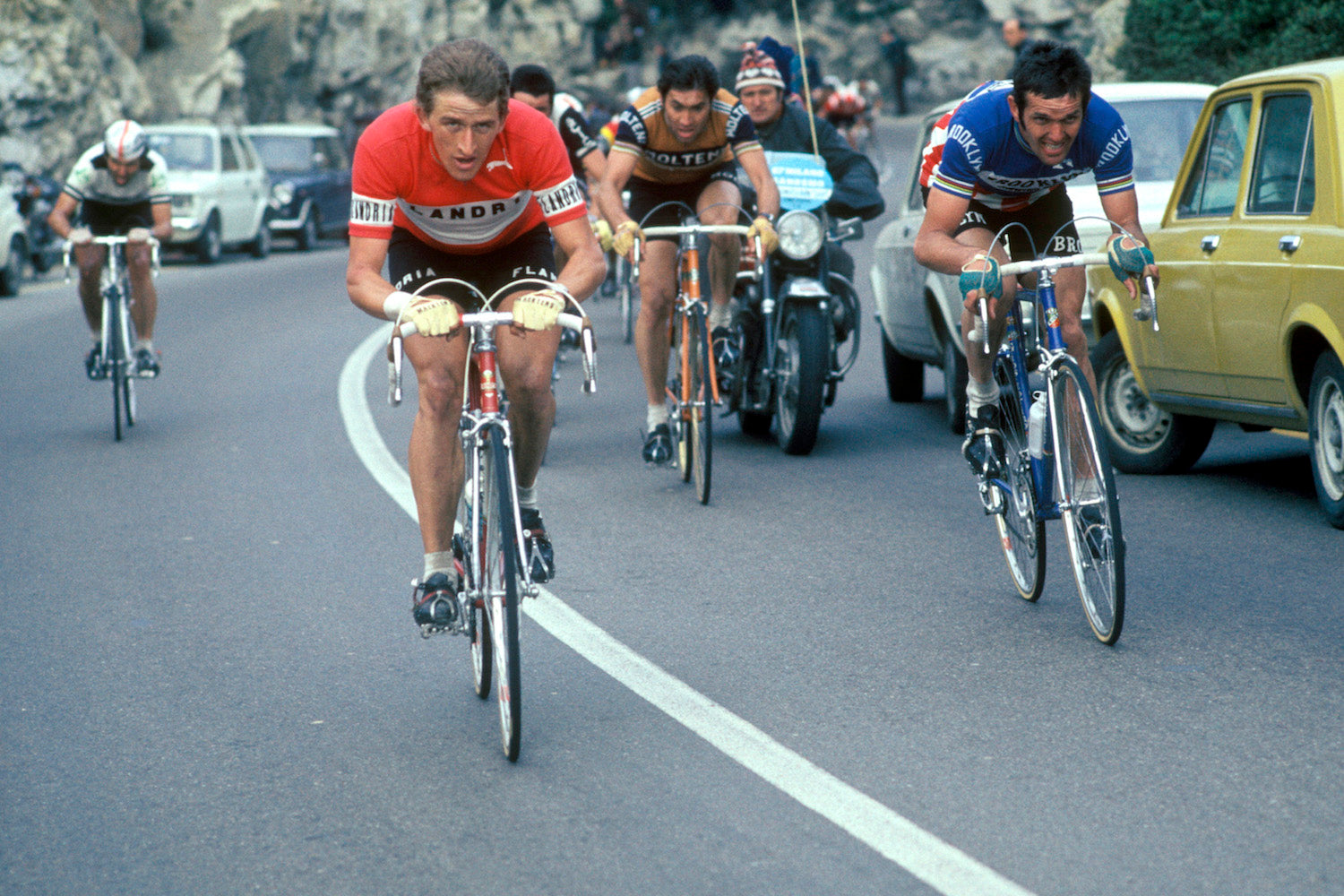Roger De Vlaeminck, Freddy Maertens and Eddy Merckx at the 1976 edition of Milan San Remo. Photo credits: Offside / L'Equipe.