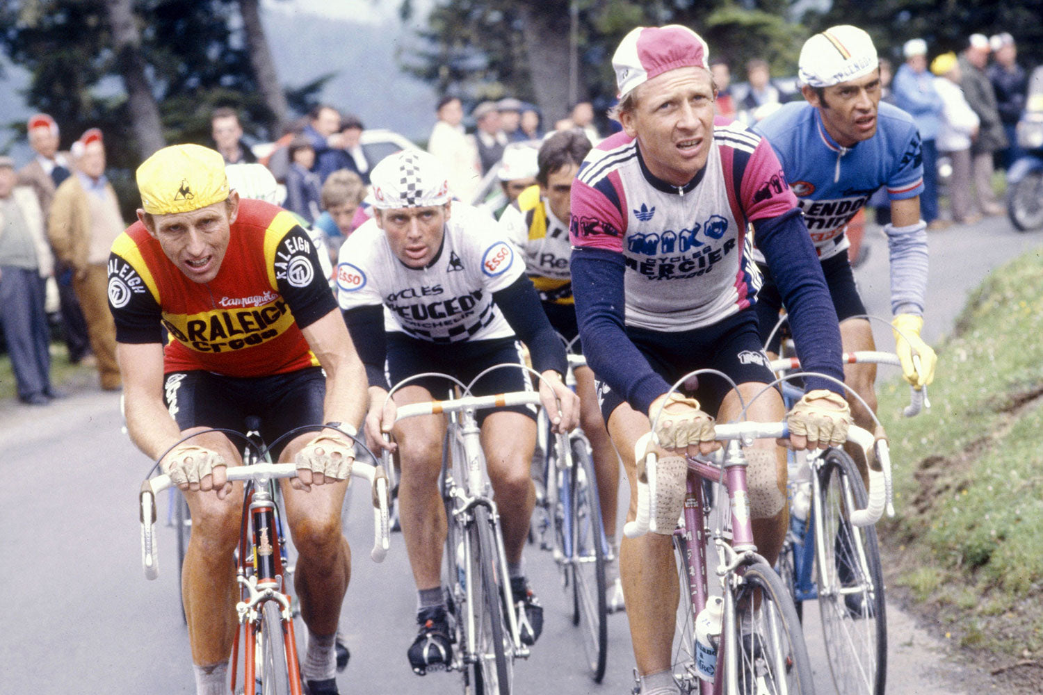 Stage 13 of the 1980 Tour de France - Pau to Bagneres de Luchon. Joop Zoetemelk leads Hennie Kuiper (Peugeot), riding in a bunch with Jean Rene Bernaudeau, Sven Ake Nilsson and Johan de Muynck.  Photo credits: Offside / L'Equipe.