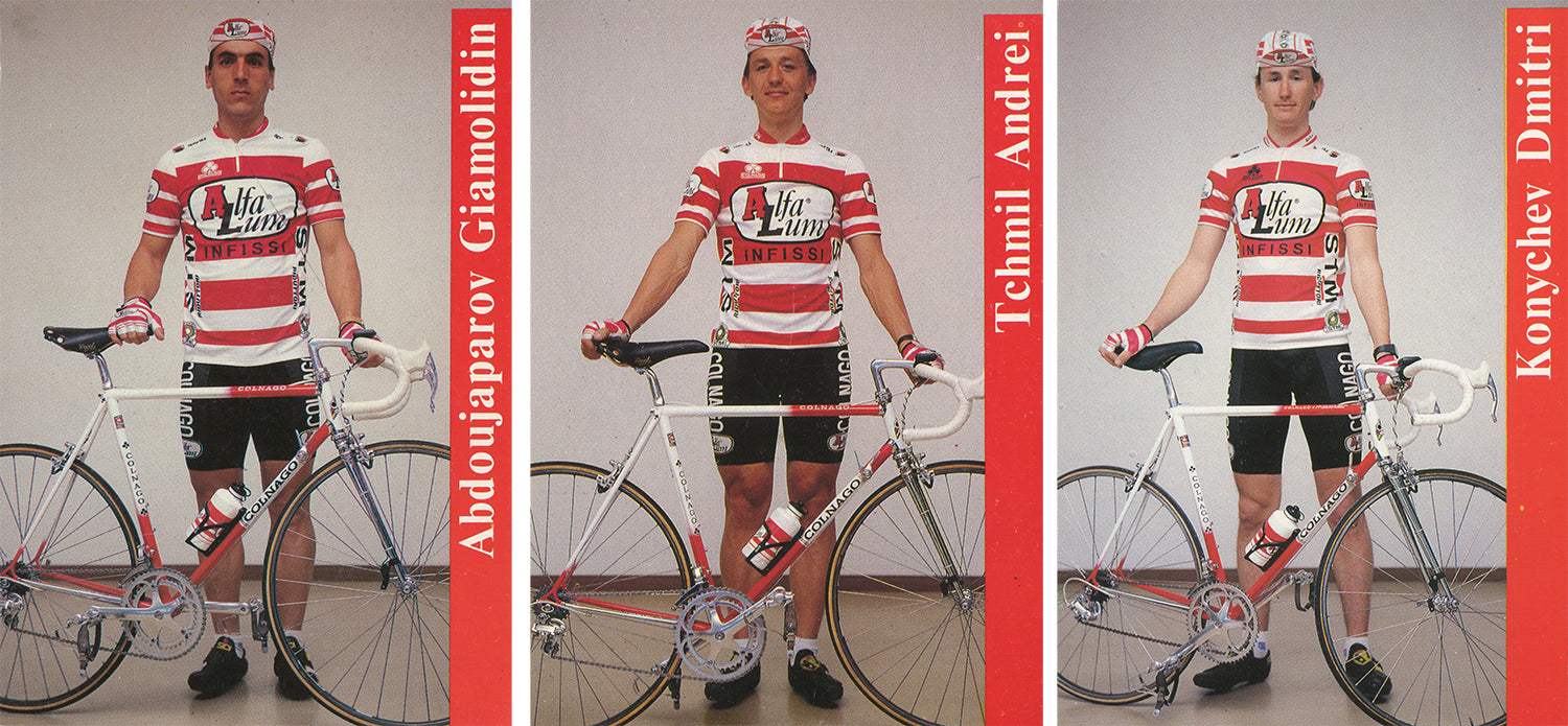 Alfa Lum cycling team postcards from the 1989 season featuring Djamolidine Abduzhaparov, Andrei Tchmil and Dimitri Konyshev.