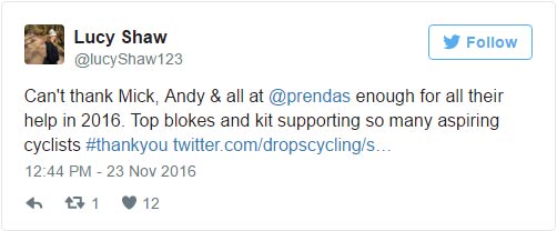 Lucy Shaw: Can't thank Mick, Andy & all at @prendas enough for all their help in 2016. Top blokes and kit supporting so many aspiring cyclists #thankyou