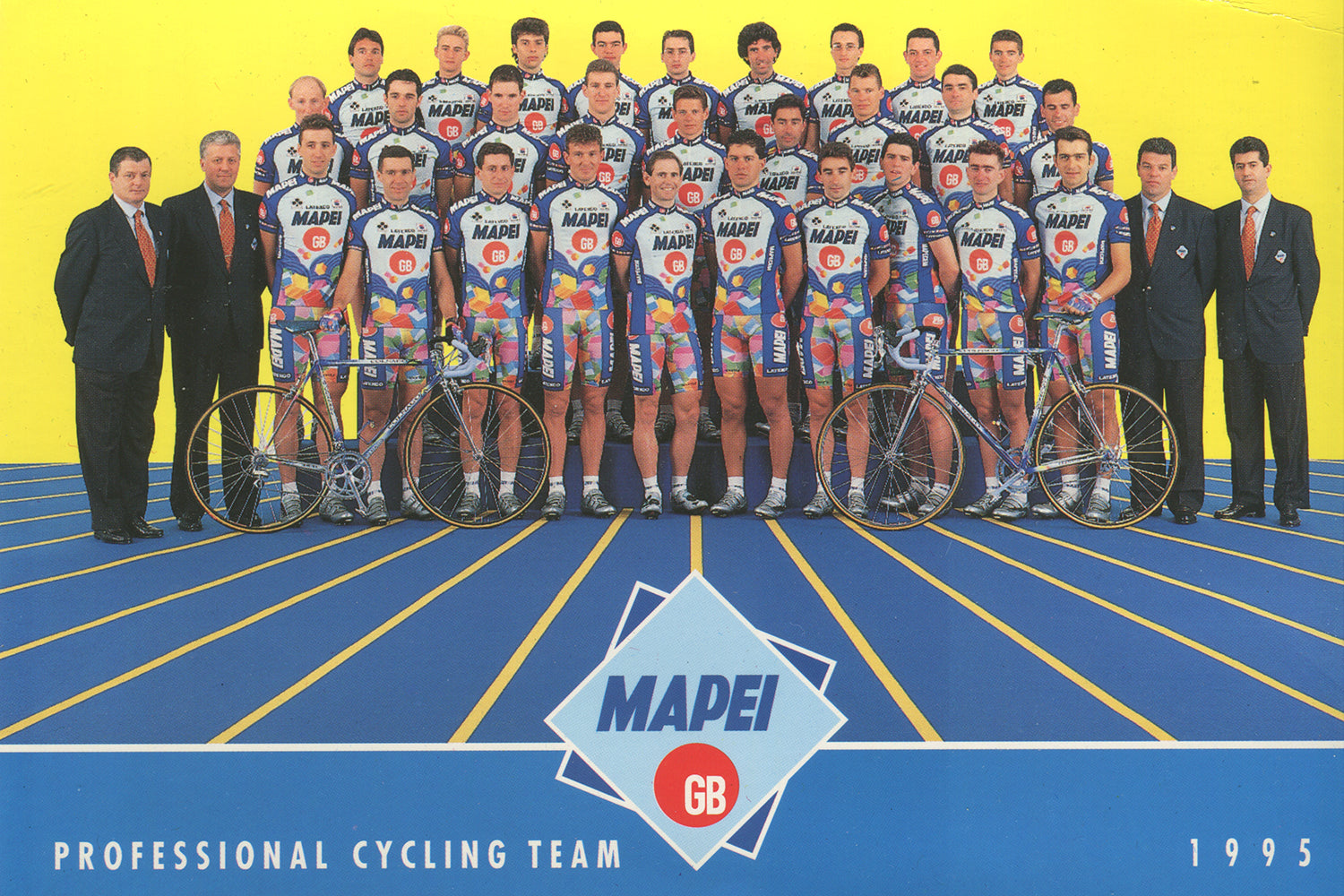 The MAPEI-GB cycling team postcard from the 1995 season with sponsors Mapei, GB, Latexco, Shimano, Colnago, Sportful, Briko and Enervit.