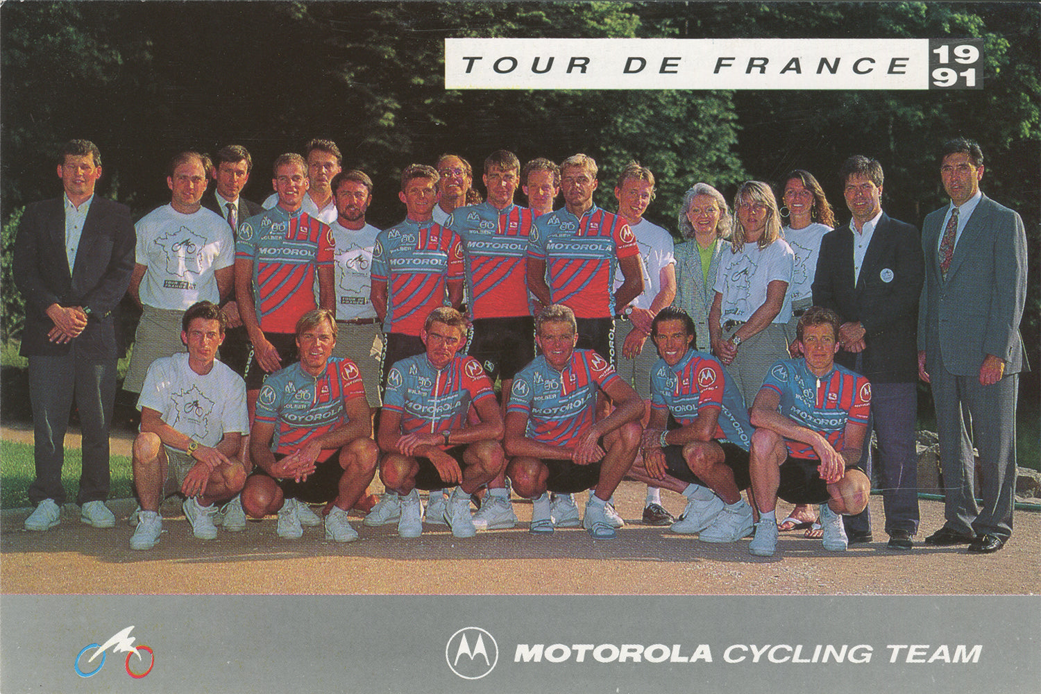 A Motorola cycling team postcard specifically made for the 1991 Tour de France including the team's bike sponsor Eddy Merckx.