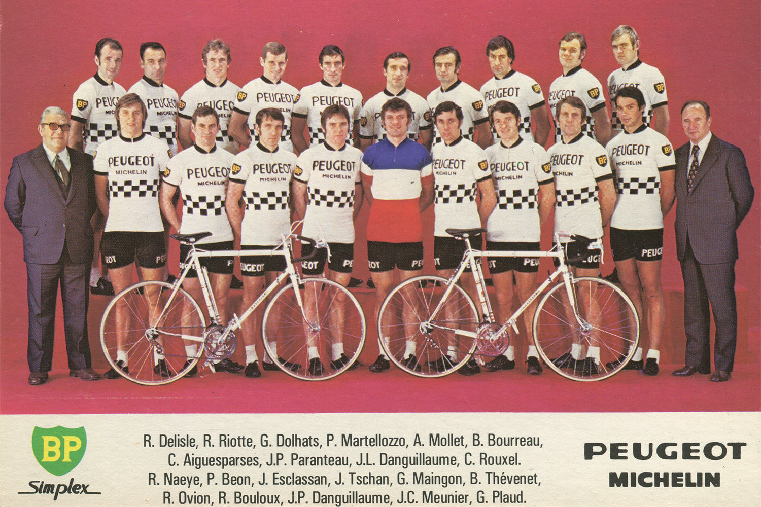 The Peugeot BP Micheling cycling team postcard from the 1974 season with French Champion Bernard Thevenet and teammates Patrick Beon, Bernard Bourreau, Jacques Esclassan et al.