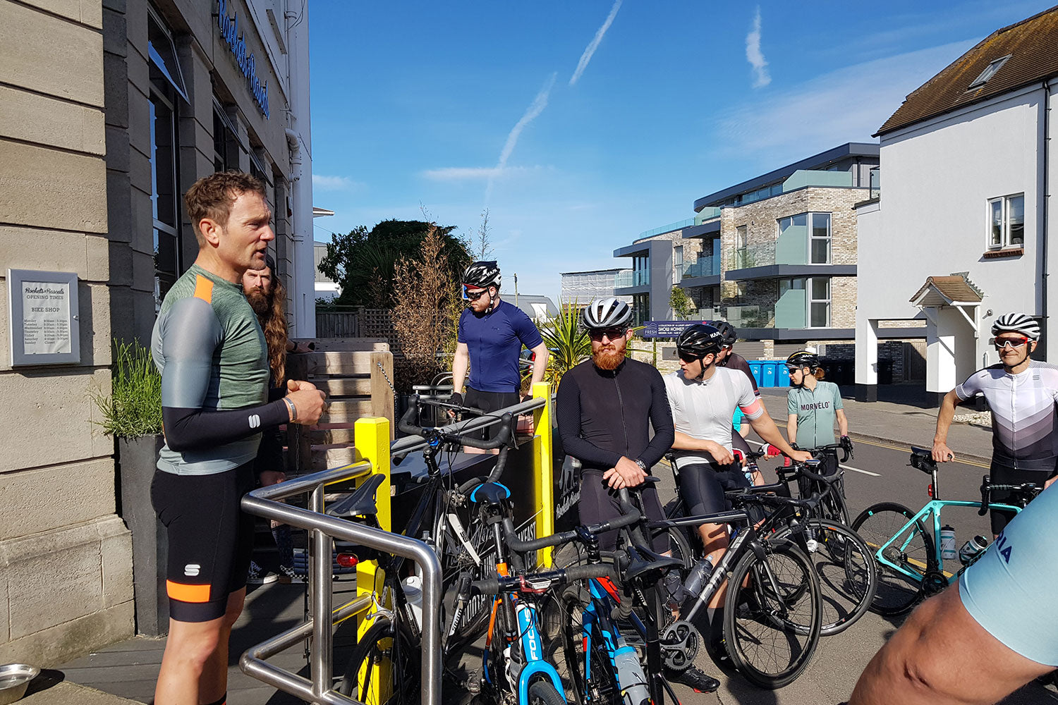 Ride leader Jon (far left) offers some sensible and practical advice to the assemble riders outside Rockets & Rascals.