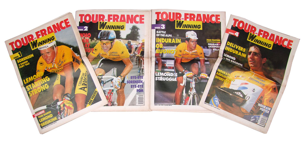 Winning Magazine Cover Stars: Rolf Sorensen, Greg Lemond & Miguel Indurain during the 1991 Tour de France.