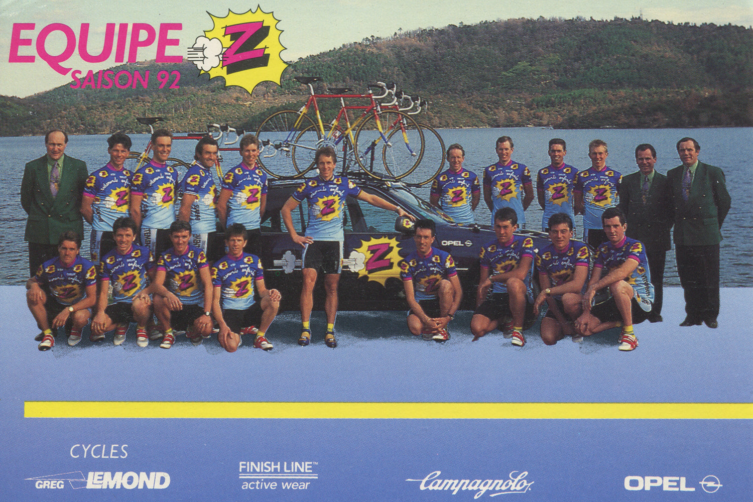 Equipe Vêtements Z-Peugeot Cycling Team postcard from 1992 with Greg Lemond in the centre.