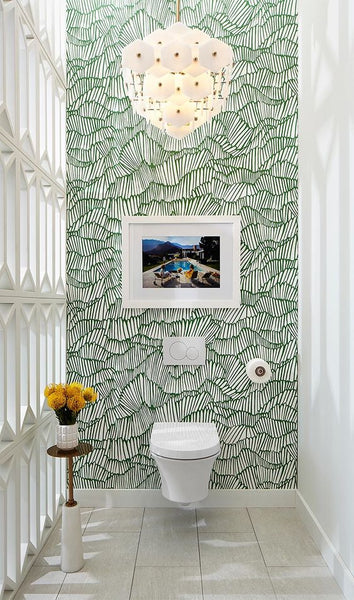 Green Wallpaper and White Bathroom 