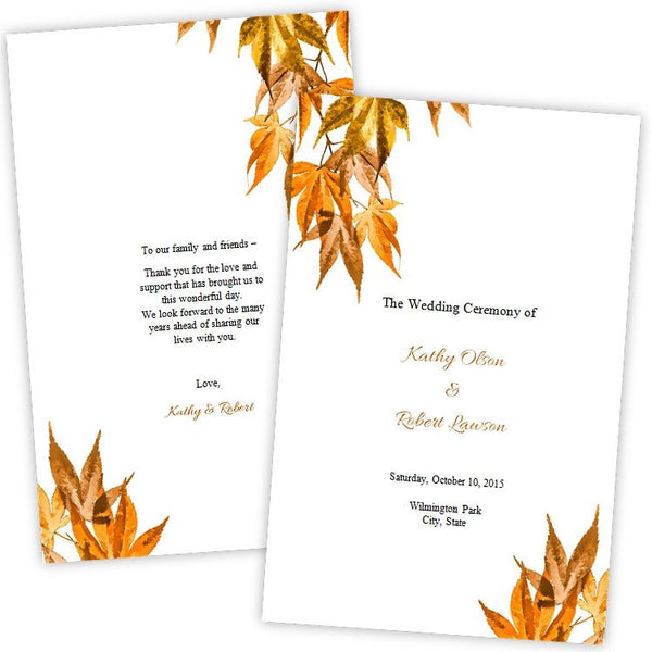 Fall Leaves Folded Wedding Program Template A J S Prints