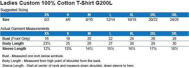 g200l t-shirt sizing chart