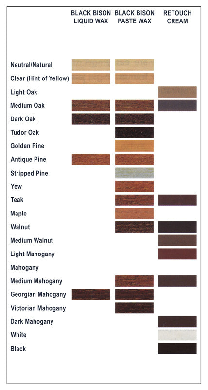 Liberon Black Bison Wax Color Chart