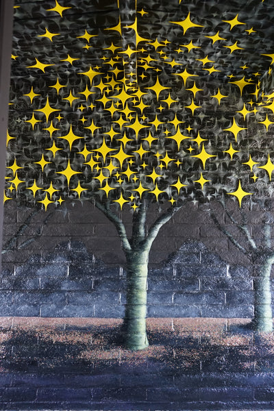 Christina Thomas' "Essence of Trees" mural closeup of one tree with plexiglass stars