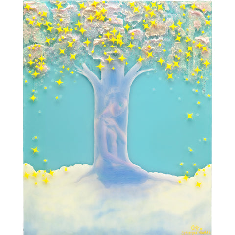 Pastel colored surreal painting of Marquis Sklennar album cover on plexiglass by artist Christina Thomas