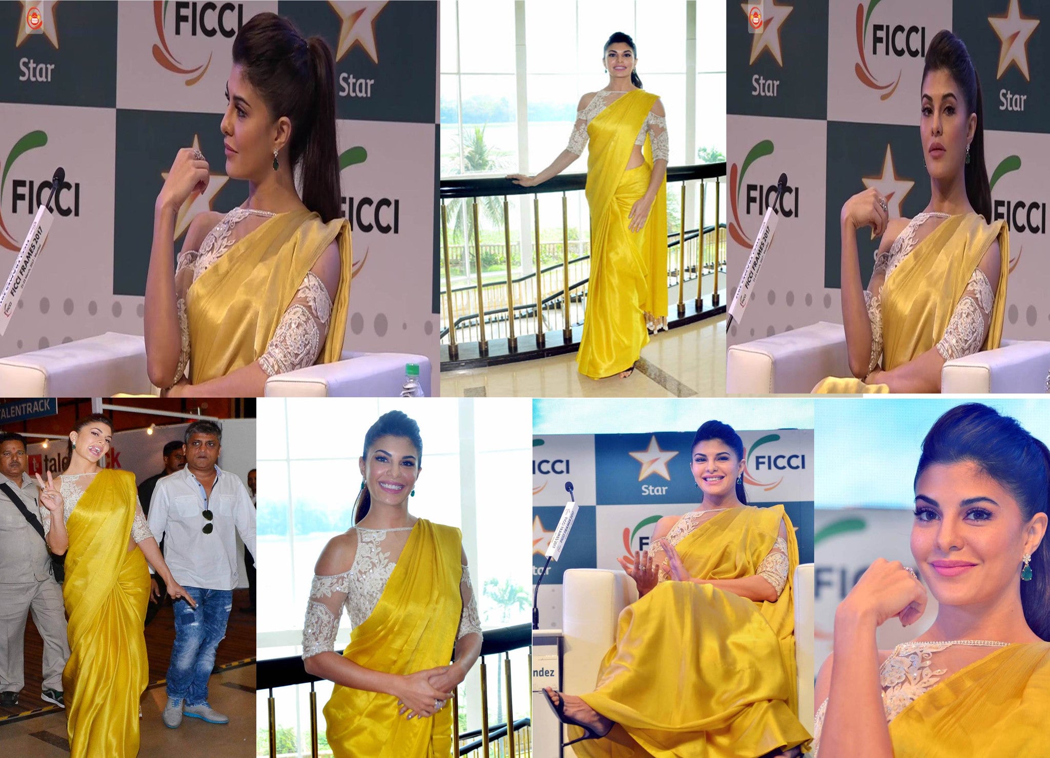 Jacqueline Fernandez Dazzles in Manish Malhotra Collection's Designer Yellow Sari at FICCI Frame 2017 Event