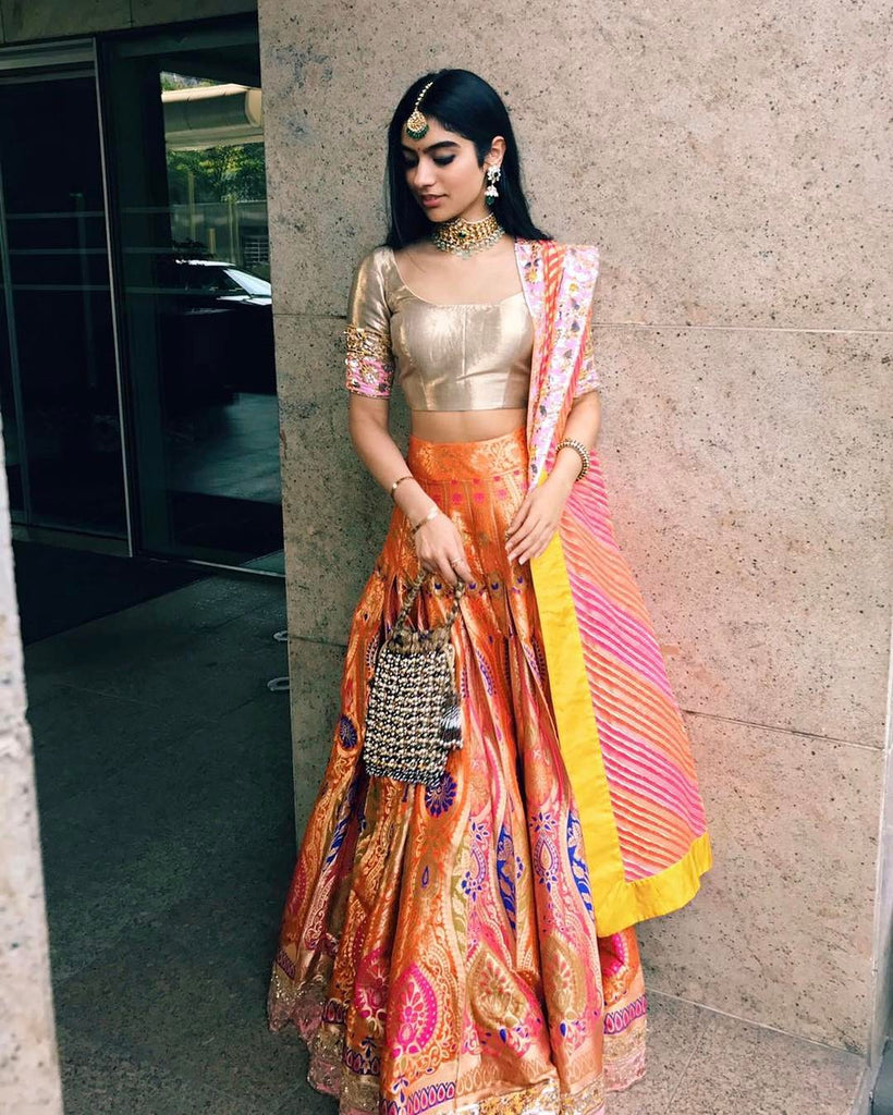 Shridevi's Daughter Khushi Kapoor in Traditional Banarasi Silk Lehanga Top Lehariya Dupatta Indianwear Manish Malhotra
