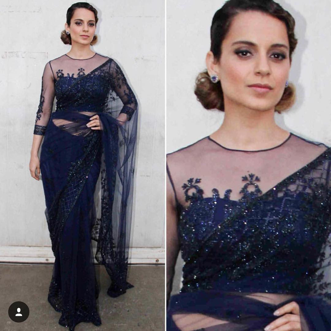 Kangna in Designer Falguni and Shane Peacock's designer blue embroidered saree at Ragoon Promotion