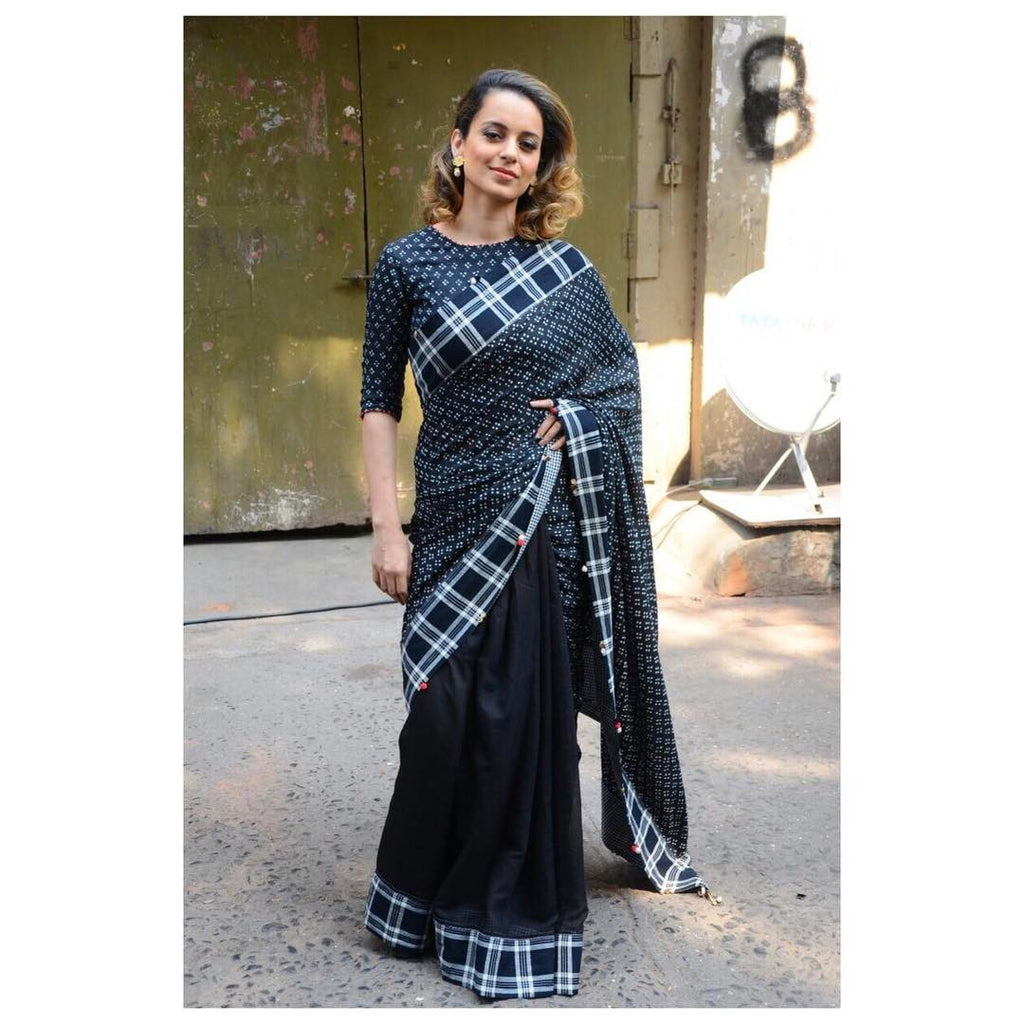 K angana Ranaut in black check print saree at Rangoon Movie Promotion