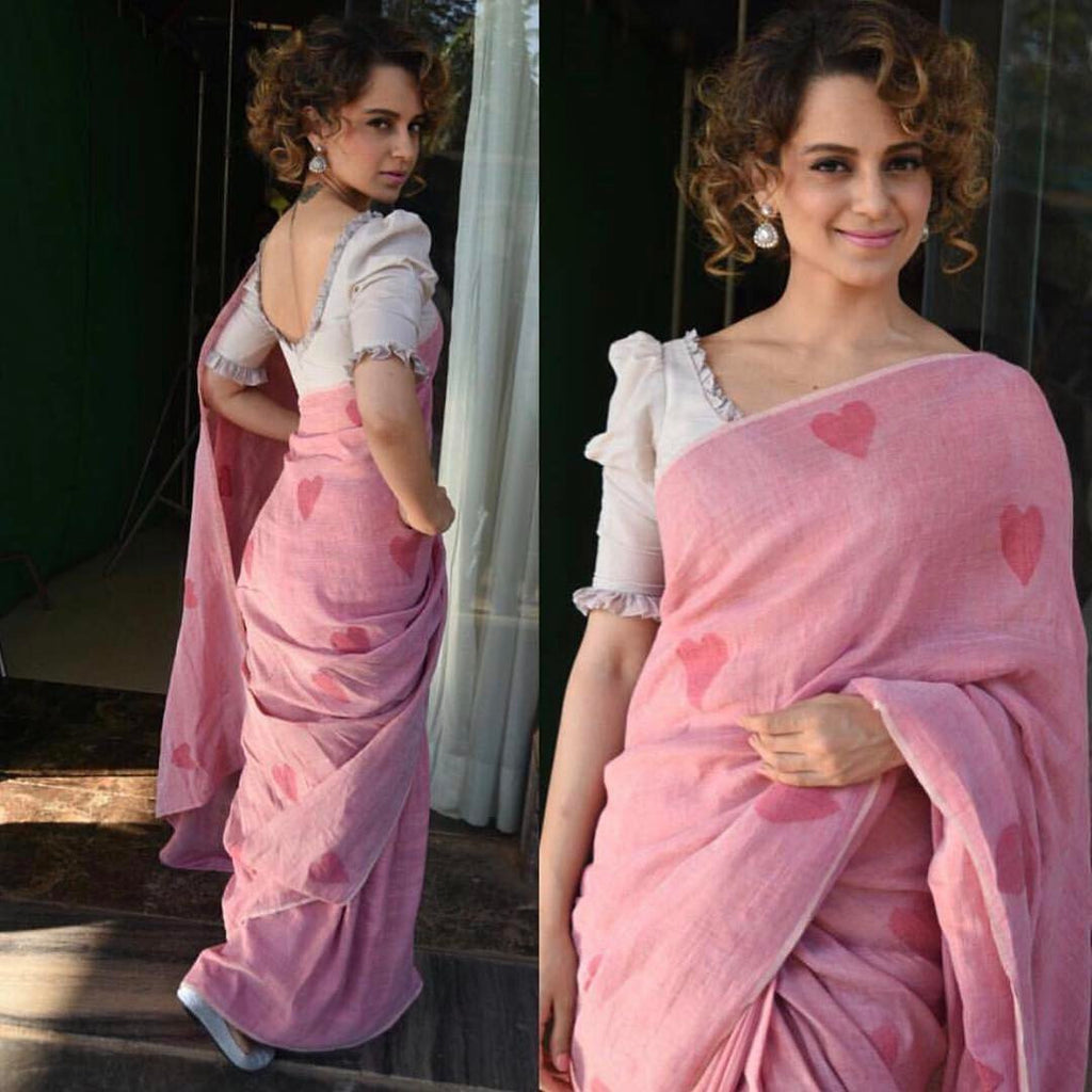 K angana Ranaut in pink linen heart print saree by Galang Gabaan at Rangoon Movie Promotion