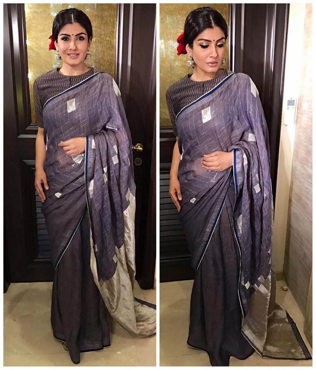 Raveena Tandon dressed up in a grey checkered saree by Anavila.