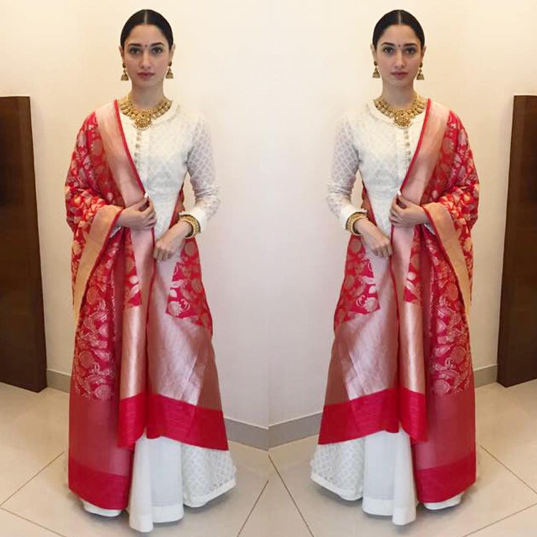 Tamannaah in Matsya designer white anarkali suit team up with red banarasi Silk Duptta at malabaar gold event