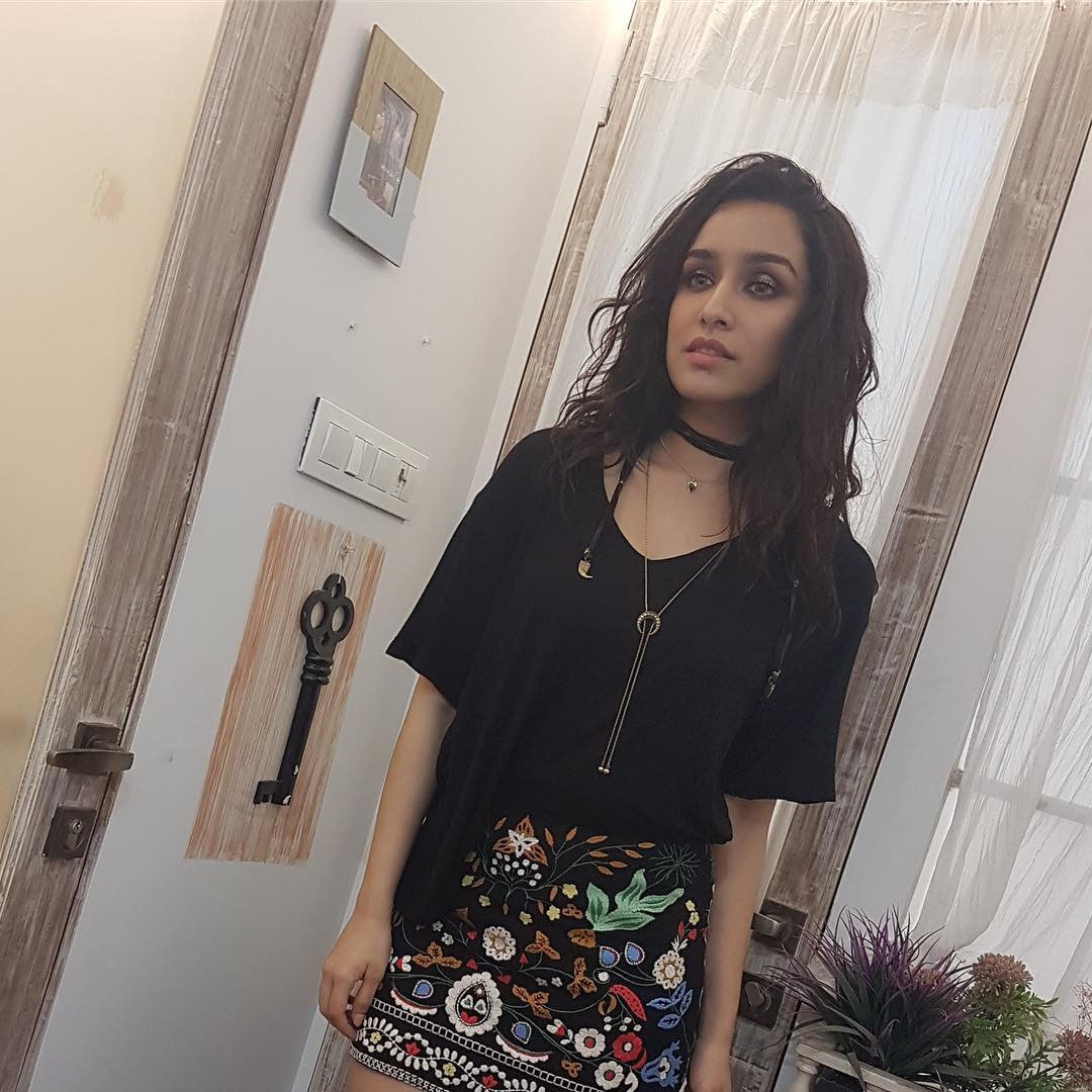 Shraddha Kapoor was seen in a black embroidered mini skirt with a black t-shirt at Nach Baliye 8