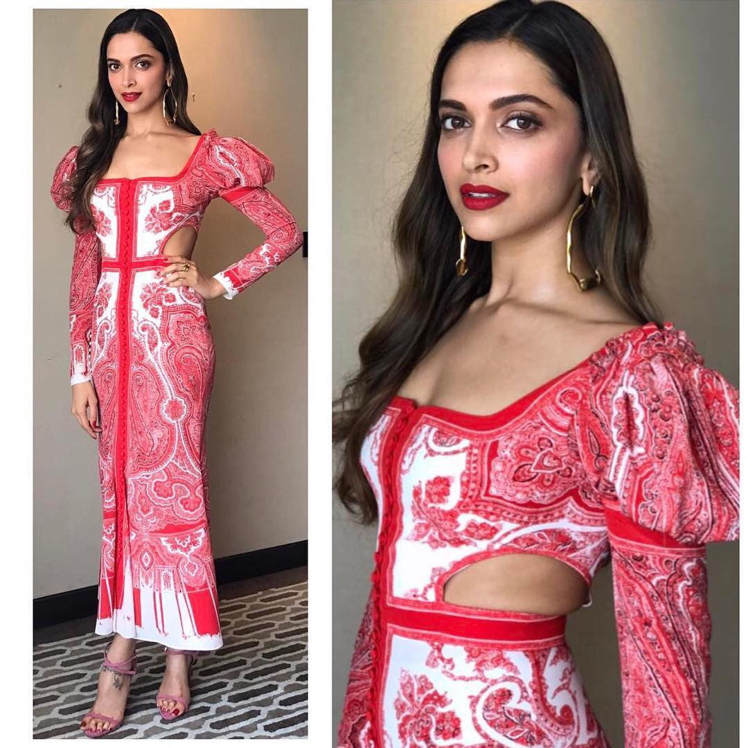 Deepika Padukone In Red & White Printed Midi Dress From Alexander Mcqueen’s Spring 2017 Collection 