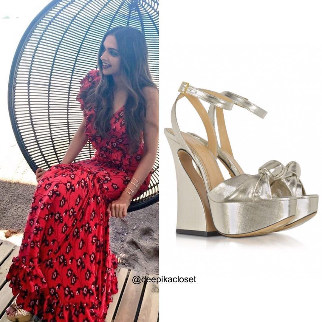 Deepika Padukone in Charlotte Olympia Vreeland Silver Lame Platforms for the Media Interaction at Cannes Film Festival 2017.
