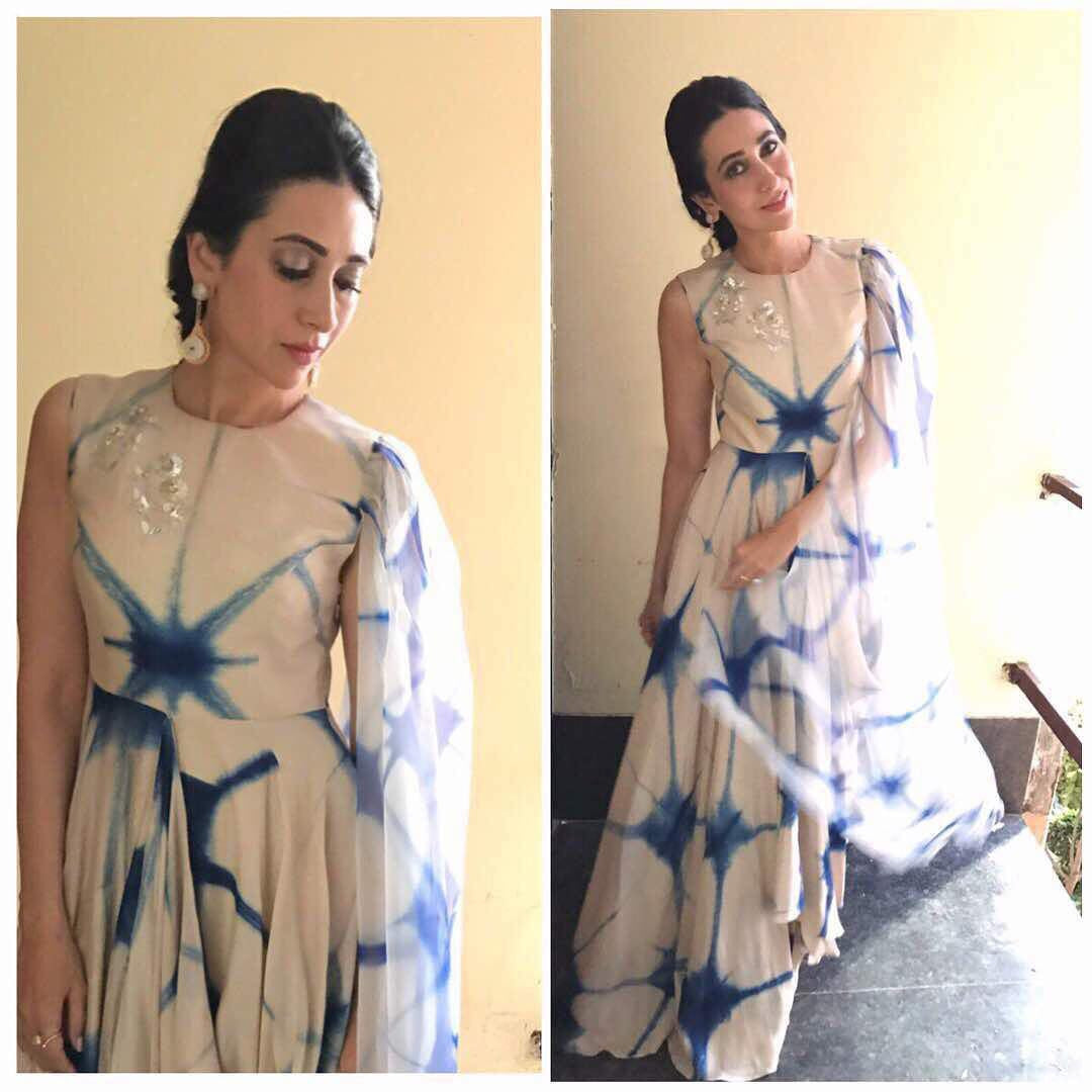 Karisma Kapoor was in attendance at a product launch event in capital city earlier today. Her choice of outfit was a shibori print white and blue Kalidar kurta featuring a draped dupatta on one shoulder by Anoli Shah.