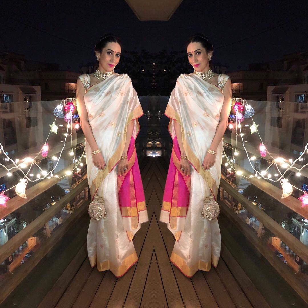 Karisma Kapoor Slays Her Traditional Avatar With White And Pink Cotton Silk Saree