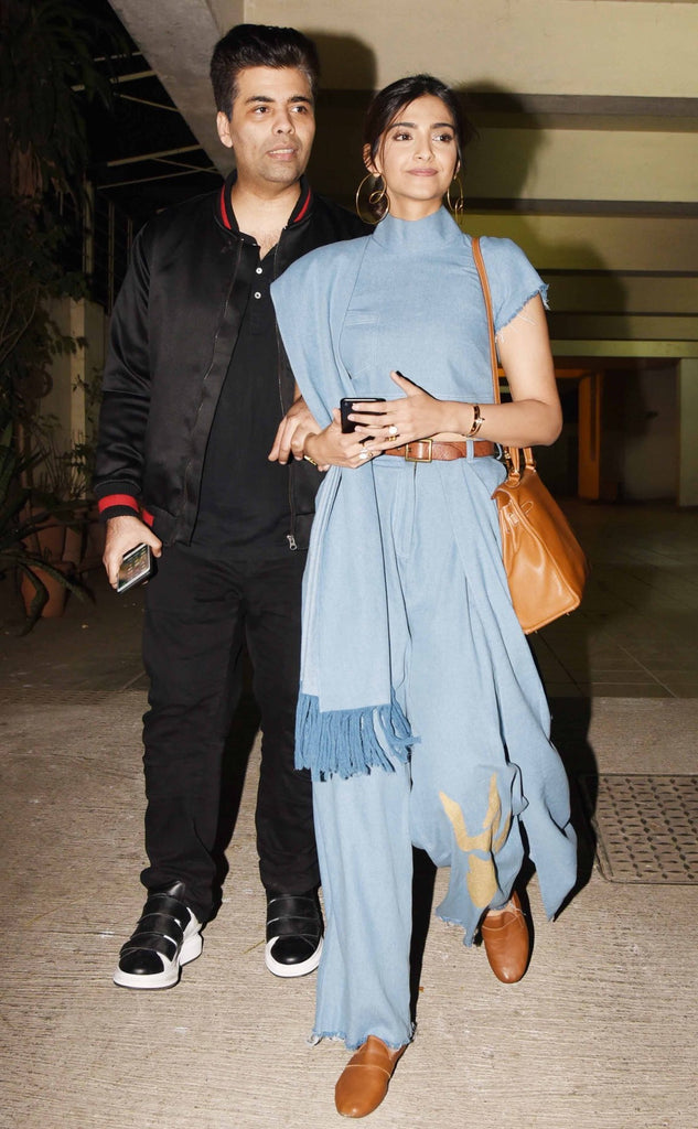 Sonam Kapoor with Karan Johar in designer masaba gupta's denim jeans at vikash bahl party