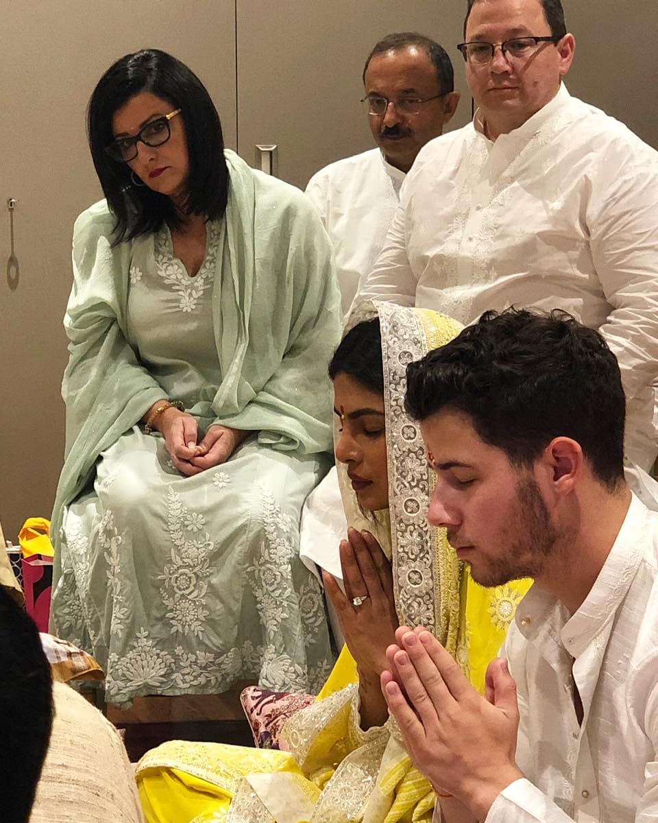 Priyanka Chopra in Abu Jani Sandeep Khosla's Yellow Suit at her Roka Ceremony