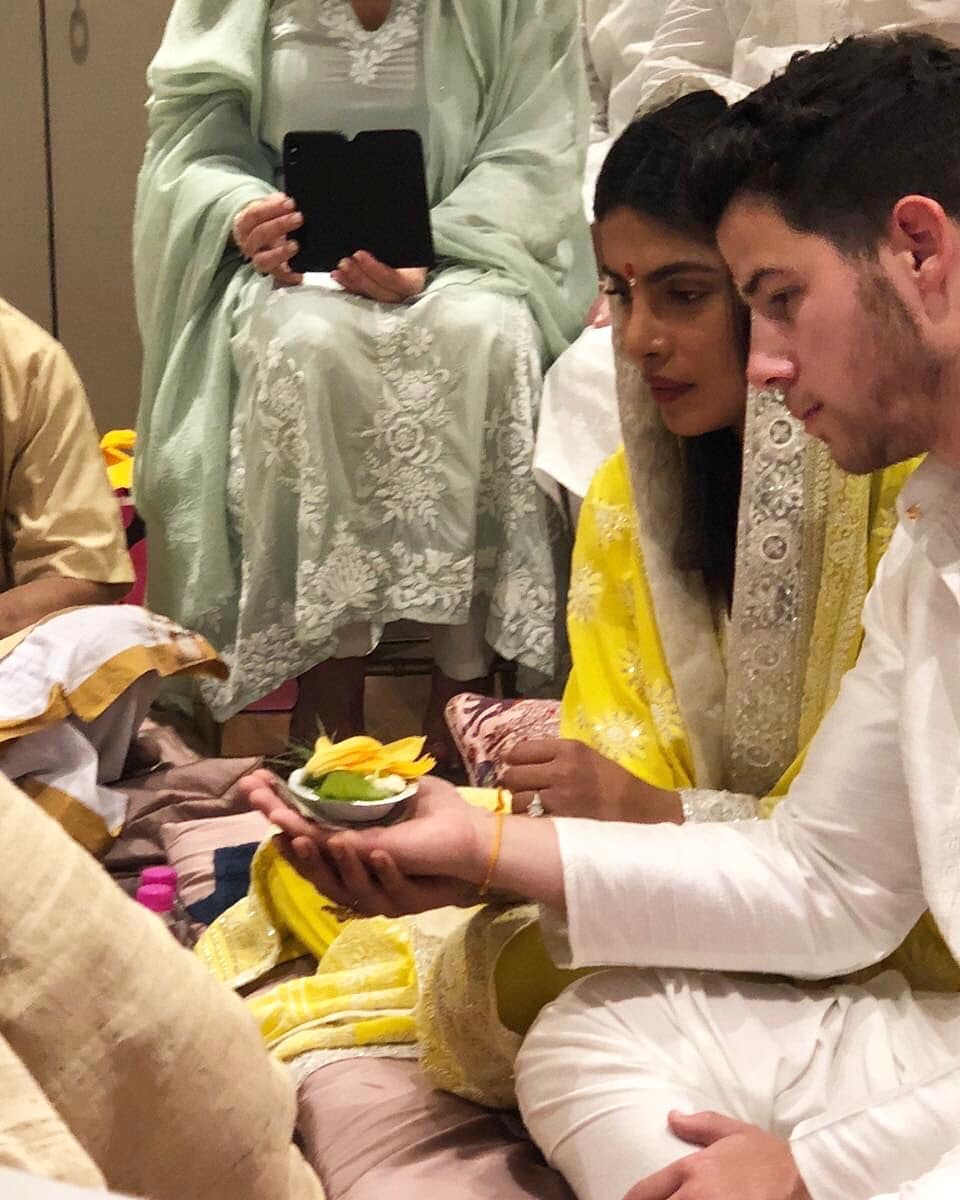 Priyanka Chopra in Abu Jani Sandeep Khosla's Yellow Suit at her Roka Ceremony