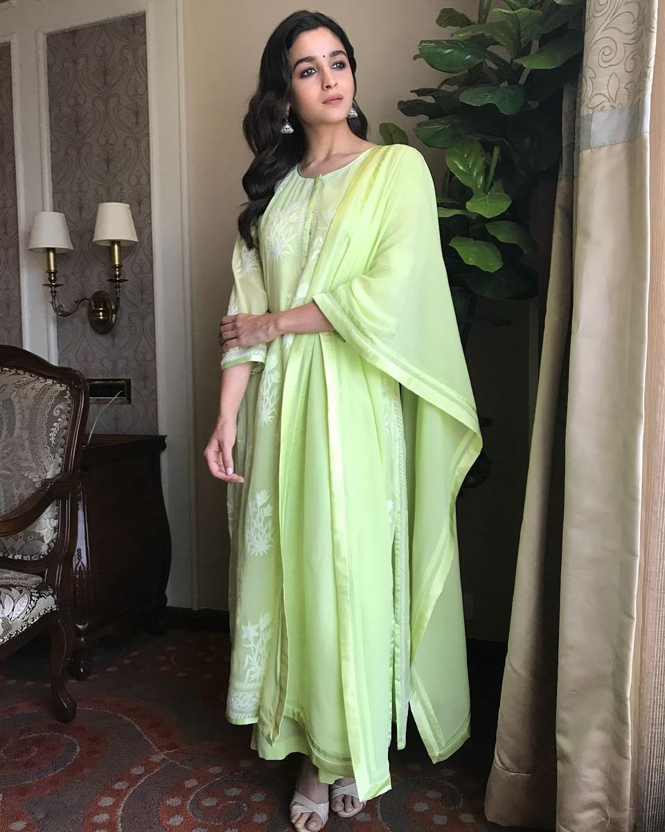 Alia Bhatt Dressed in A Lime Green Palazzo Salwar Suit By Abu Jani and Sandeep Khosla