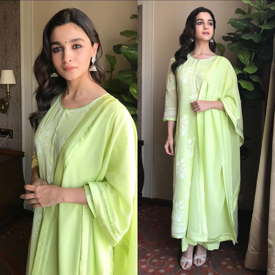 Alia Bhatt Dressed in A Lime Green Palazzo Salwar Suit By Abu Jani and Sandeep Khosla
