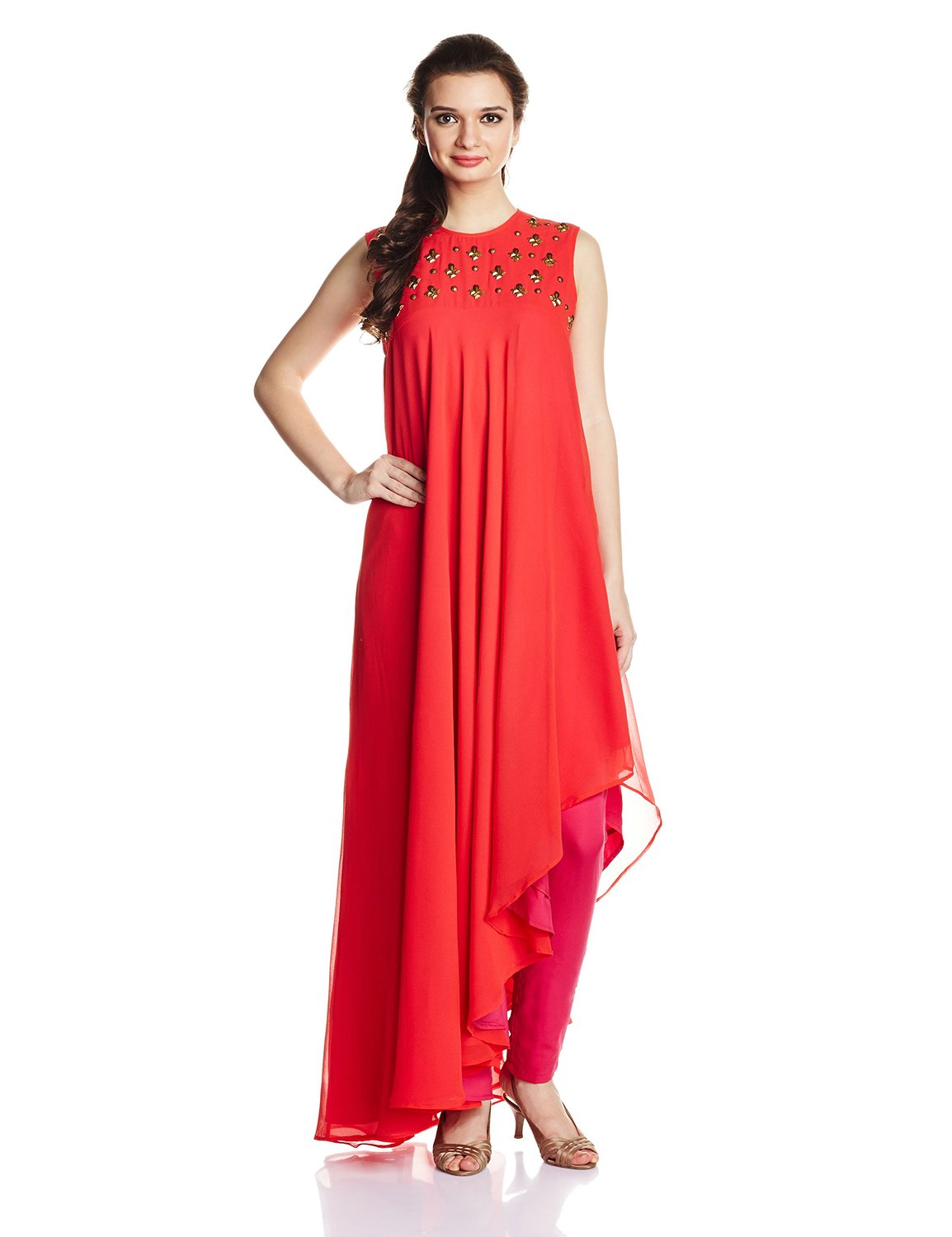 Asymmetrical-hemline-red-color-Cotton-Anarkali-Kurta