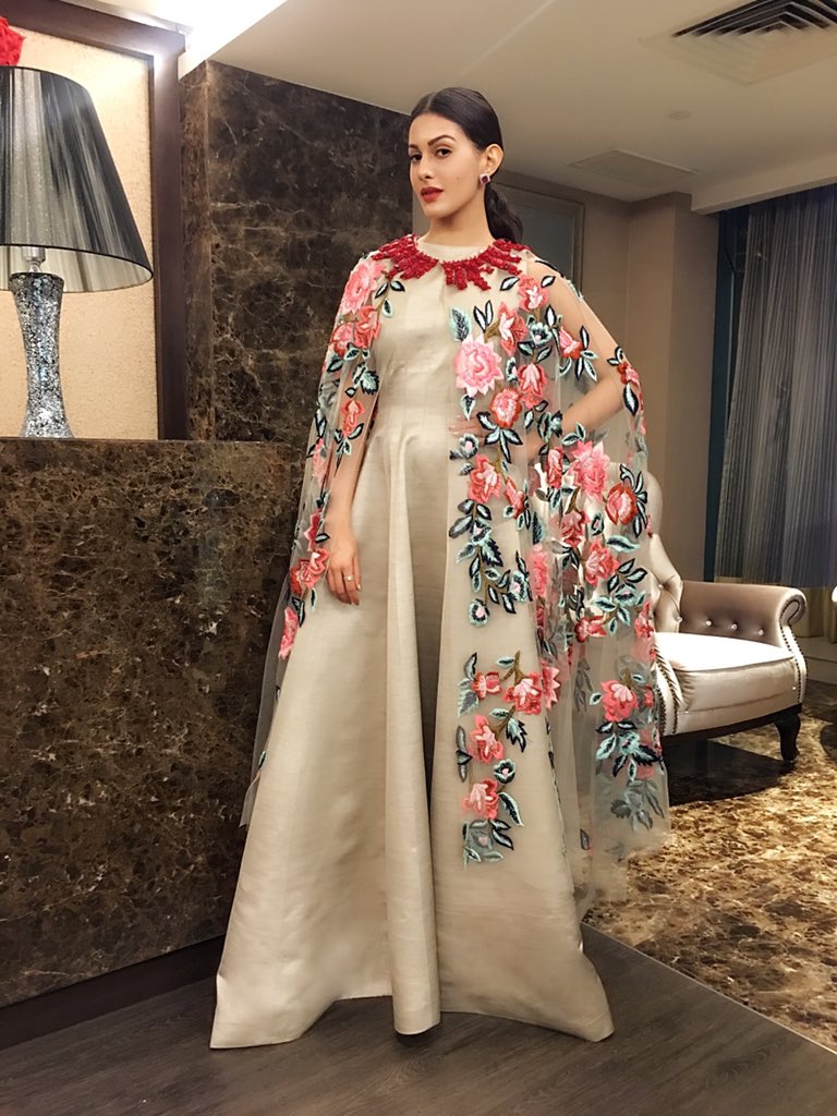 Amyra Dastur in manish malhotra's designer LONG GOWN DRESS with printed cape AT Kung Fu Yoga Promotion